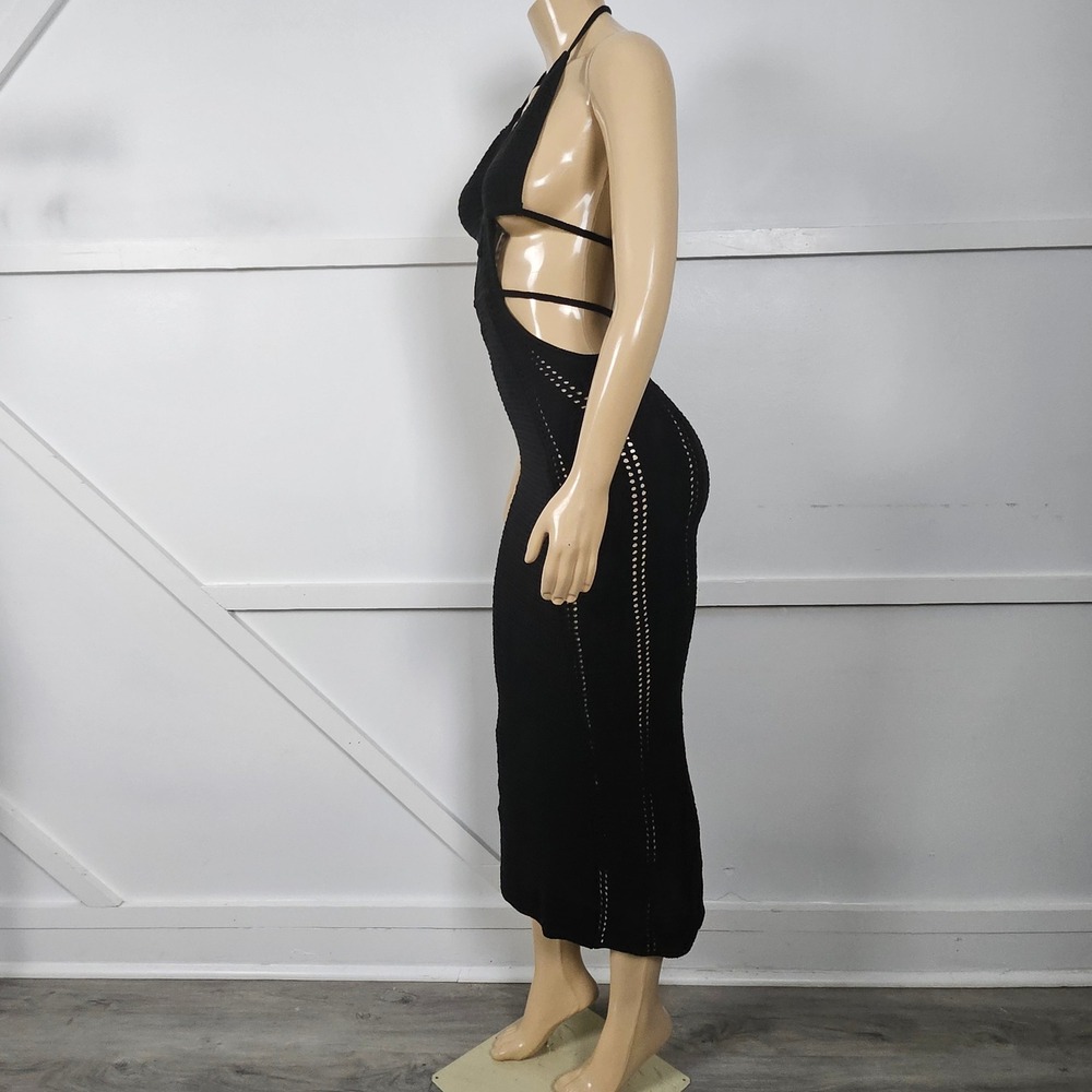 Babyboo Arabella Black Crochet Knit Halter Midi Dress Side Cutouts Women Small - Picture 7 of 11